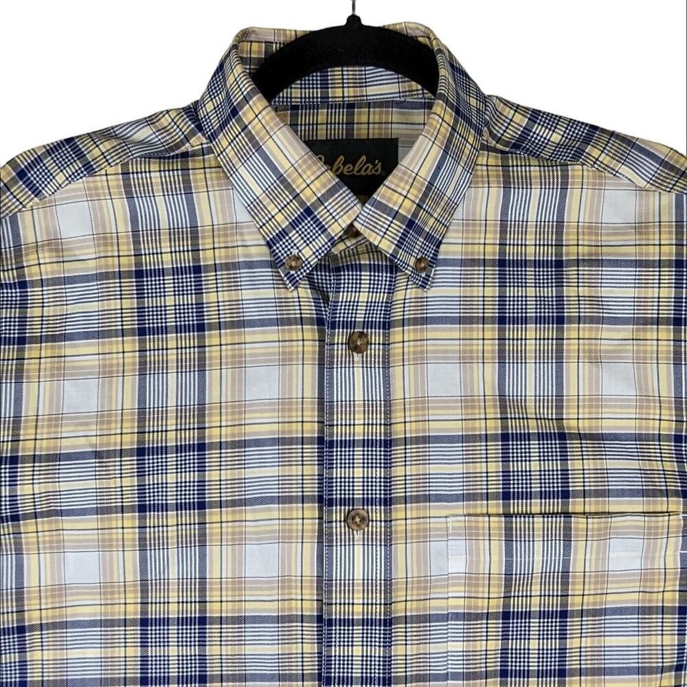 Cabela's Plaid Button Down Shirt Long Sleeve Blue Yellow White Medium Preppy